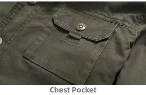 Detailed close-up of olive green cargo jacket showing pocket texture and metal button