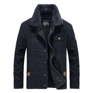 Men's navy blue fleece-lined military cargo jacket with a grey faux fur collar and embroidery