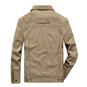 Men's khaki casual jacket back view with fashion lettering and premium cotton texture