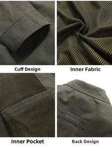 Detail view of khaki jacket featuring mesh lining, inner pocket, and embroidered back patch