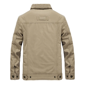 Back view of a khaki canvas workwear jacket featuring a soft fleece collar and patch