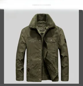 Detail of army green winter jacket with thick fleece collar and outdoor print