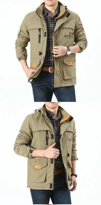 Front and side view of khaki men's hooded outdoor jacket with orange details and pockets