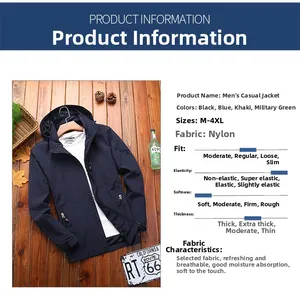 Detail view of a men's waterproof hooded casual jacket with nylon fabric specifications