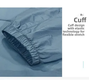 Detailed macro view of elastic cuff design on a breathable blue sun protection jacket