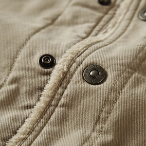 Men's khaki corduroy jacket with warm fleece lining and metallic snap buttons