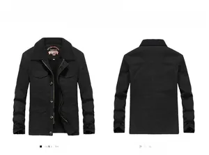 Detail view of black men's winter jacket with warm fur collar and utility pockets