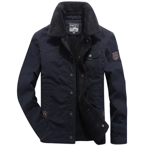 Veste d'hiver homme en bleu foncé avec col en laine d'agneau chaude et broderie outdoor