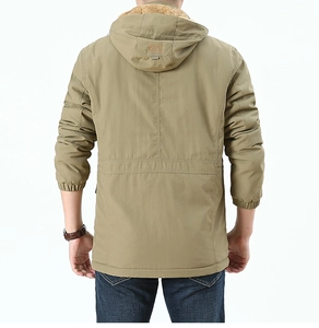 Detail view of khaki fleece-lined winter parka featuring back drawstring and warm lining