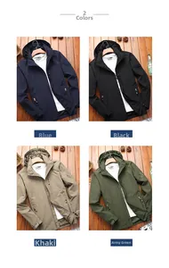 Four-color display of men's waterproof hooded outdoor jackets in blue, black, and khaki