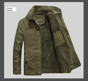 Detail of army green jacket showing warm faux shearling lining and embroidered logo