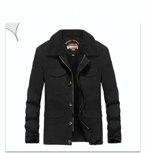 Detail of men's black utility jacket featuring faux shearling collar and cargo pockets