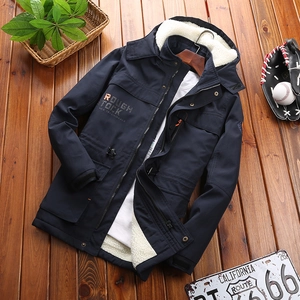 Detail of dark blue fleece-lined parka showing warm hood and white sherpa lining