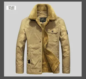 Close-up of khaki winter jacket featuring thick fleece collar and chest embroidery detail