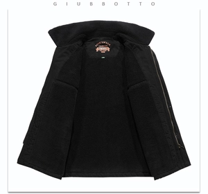 Detail of men's winter jacket with warm black sherpa fleece lining and vintage lapel