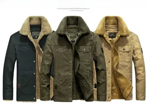 Detailed view of fleece lining in black, olive, and khaki winter jackets for men