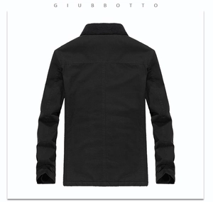 Back view of black cotton jacket featuring warm fleece collar and fine twill texture