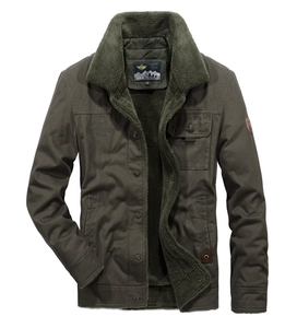Olive green men's winter jacket with warm thick fleece lining and lapel collar