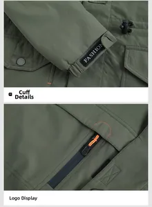 Detail of military green outdoor jacket showing windproof cuffs and waterproof zipper