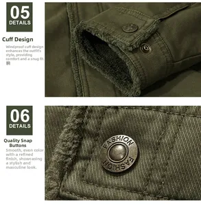 Detail of military green winter jacket sleeve with windproof cuff and metal snap button