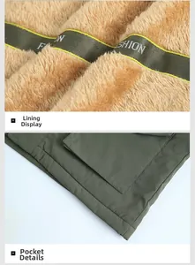 Detail view of olive green jacket with thick khaki fleece lining and fashion ribbon