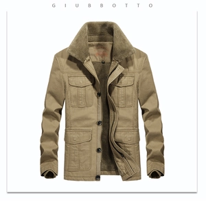 Close-up of military-style khaki jacket featuring a plush brown faux fur collar and pockets
