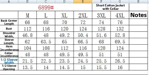 Detailed size chart for the men's winter cotton jacket showing precise measurements