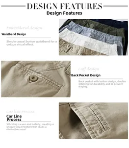 Détails de chinos d'été pour hommes montrant la braguette à boutons et les poches arrière