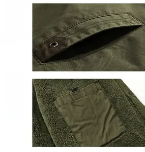 Detail of military green winter jacket featuring large cargo pockets and warm fleece lining