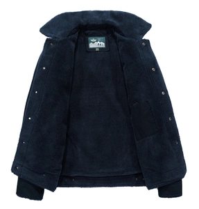 Navy blue winter fleece jacket for men with warm faux shearling lining and collar