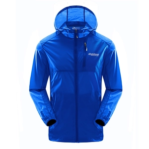 Royal blue lightweight hooded sun protection jacket with outdoor active chest print