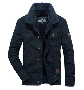 Navy blue winter work jacket with thick fleece lining and decorative chest embroidery