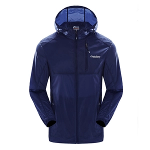 Men's lightweight navy blue hooded sun protection jacket with full zipper and outdoor logo