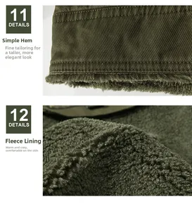 Detail view showing olive green winter jacket with raw edge hem and warm fleece lining