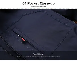 Detail of dark blue men's jacket showing zipper chest pocket and double-stitch sewing