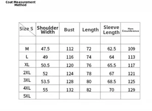 Size chart for men's waterproof jacket showing shoulder, chest, length, and sleeve measurements