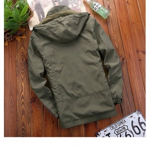 Detail view of military green waterproof jacket back with breathable mesh hood lining