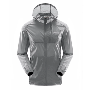 Men's lightweight grey hooded sun protection jacket with breathable outdoor fabric