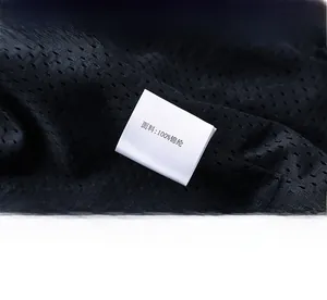 Macro shot of breathable black mesh fabric with 100% nylon material care label details