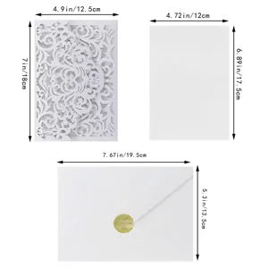 Detailed size chart for laser-cut wedding invitation set with floral cover and inner insert