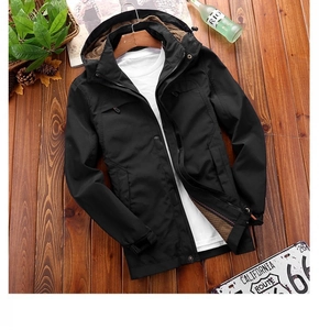 Black outdoor men's hooded jacket with mesh lining and adjustable velcro cuffs