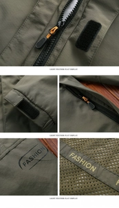 Detail view of army green outdoor jacket showing resin zipper and breathable mesh lining