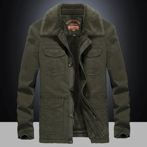 Men's army green winter parka with faux fur collar and warm fleece lining