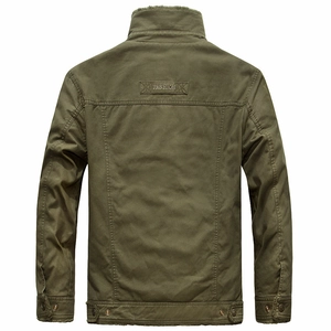 Men's winter olive green workwear jacket with fashion label and stand collar back view