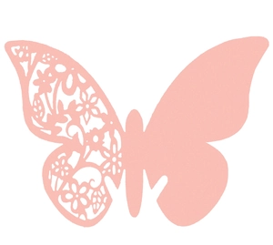 Pink 3D butterfly wall sticker with laser-cut hollow floral pattern on white background