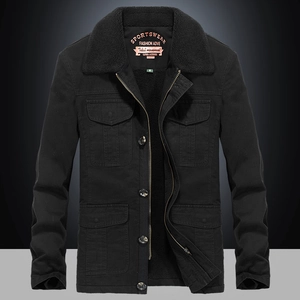 Men's winter black fleece jacket with faux fur collar and four tactical cargo pockets