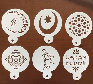 Set of 6 Eid Mubarak moon and star PET cake stencils for Ramadan coffee decoration
