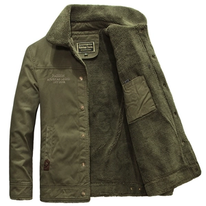 Army green men's winter jacket with warm thick fleece lining and button closure