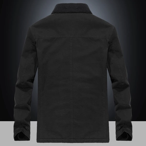 Rear view of black heavy-duty men's winter jacket with fleece-lined collar detail