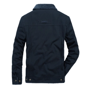 Back view of men's thick winter jacket with navy fleece collar and FASHION patch